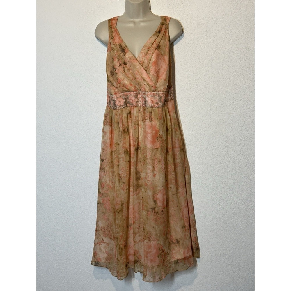 Y2K Silk Dress 18W Empire‎ Waist Beads Peach Floral Flowy Fairy Coquette Wedding